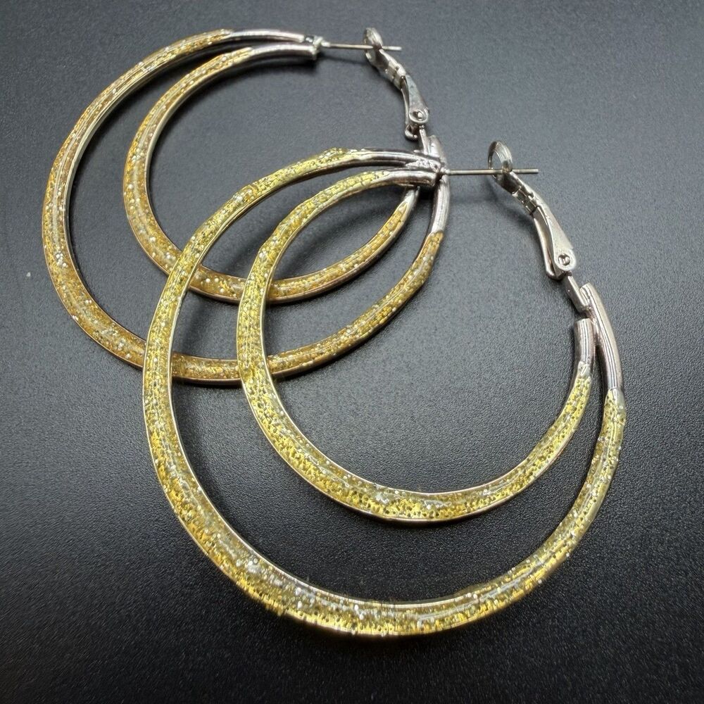 Large Gold Glitter Hoop Earrings Silver Tone Sparkly Textured Fashion Statement